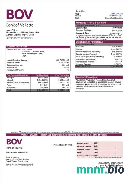 Libia Bank of Valletta wyciąg z kredytu hipotecznego szablon Word i PDF